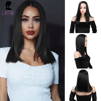 

LUPU 16" Short Straight Black Wigs Middle Part Ombre Pink Heat Resistant Fiber Synthetic Wigs Cosplay Hair