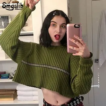 

2019 Autumn Winter Women sweaters O-neck elegant loose casual Long Sleeve striped oversize simple short soft tops Pullovers