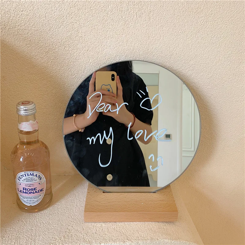 Homemade South Korea INS Celebrity Style Online Circle Glass Mirror with Solid Wood Base Desktop Photographic P | Красота и здоровье