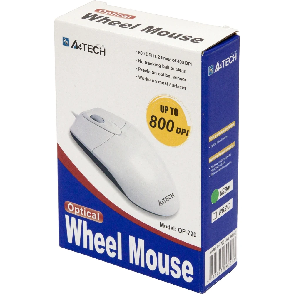 Мышь A4 OP-720 белый оптическая(800dpi) USB(2but