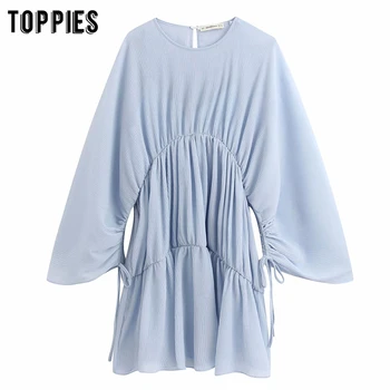 

chiffon dress women summer mini dress 2020 casual pleated flare sleeve blouses women clothing