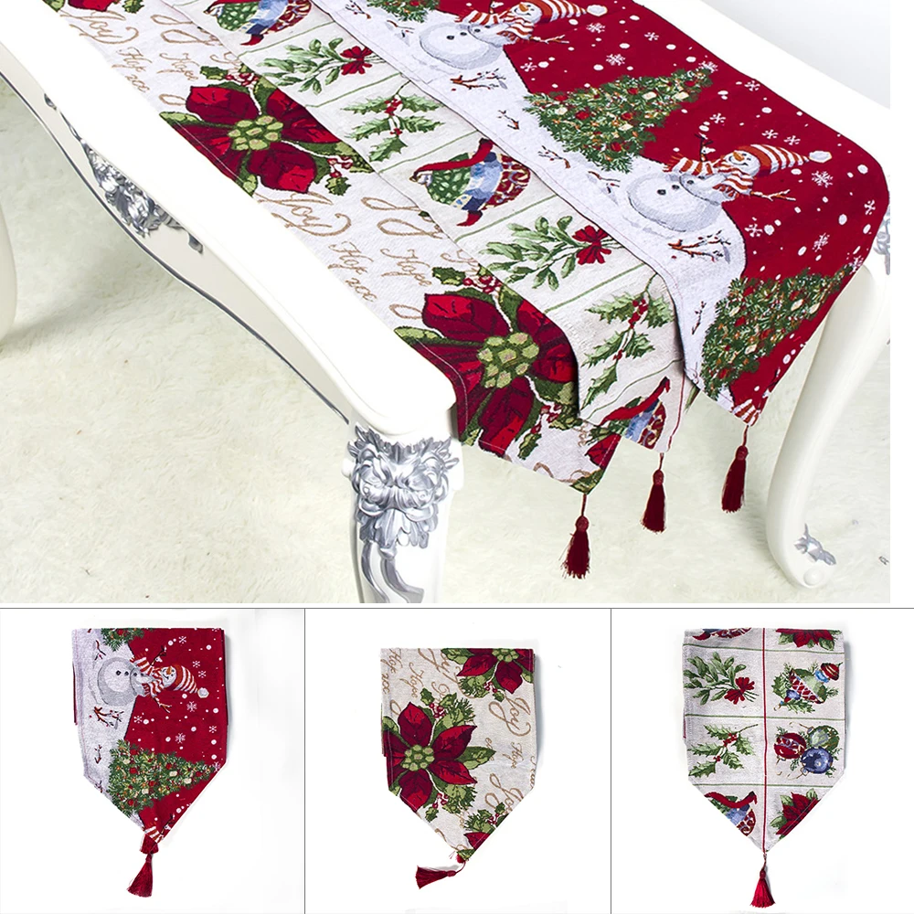 Polyester Cotton Christmas Snowman Floral Table Runner Tablecloth Cover Home Party Decor 34*180cm