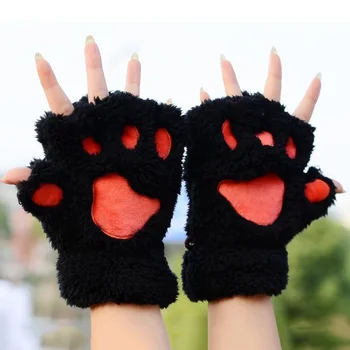 

1 Pair Women Cute Cat Claw Paw Plush Mittens Warm Soft Short Fingerless Gloves Lovely Fluffy Bear Half Fingers Gloves