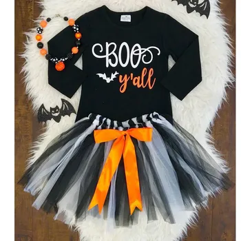 

Long Sleeve Cotton Halloween Bodysuit Infant Baby Girls Clothes Jumpsuit Newborn Bowknot Tulle Skirt 2pcs Winter Clothing Sets