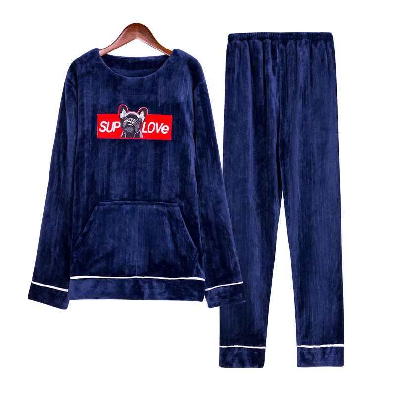 Пеньюар Для мужчин пижамный комплект одежда для сна комплект из кораллового флиса лаунж-кимоно Банный халат Темно-синие Белье для сна, комплект из 2 предметов, домашняя одежда
