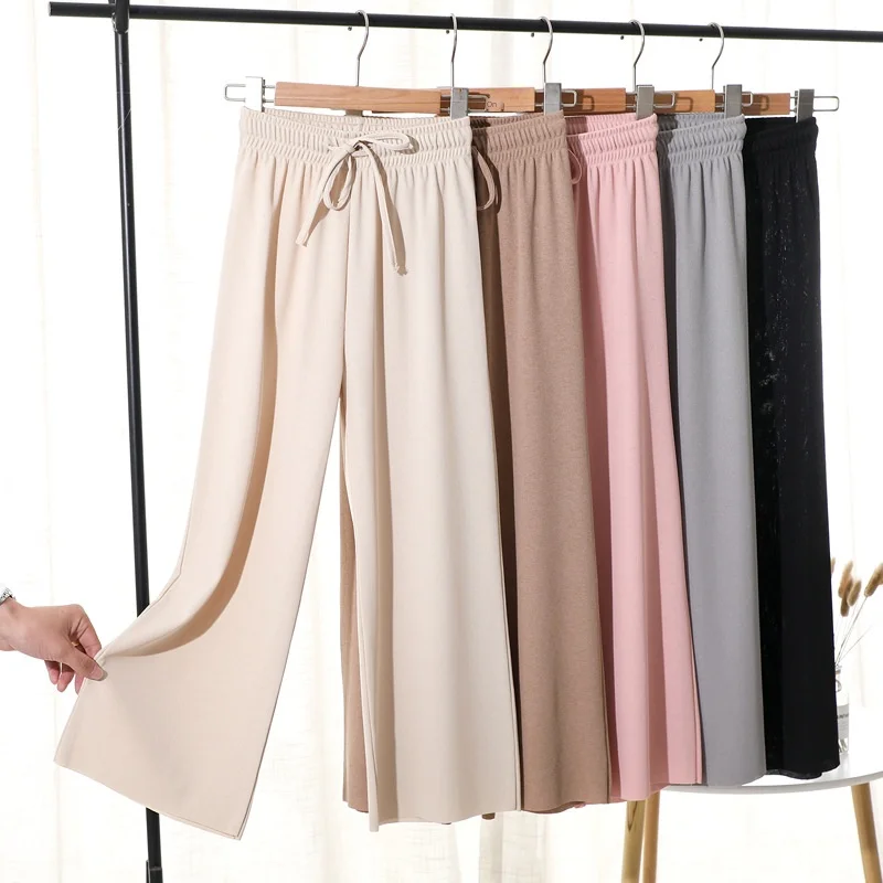 Wide Leg Pants Women Summer New High Waist Loose silk Thin Capri-Pants Drape Straight Casual Pants female Wide Leg Pants Women Summer New High Waist Loose silk Thin Capri-Pants Drape Straight Casual Pants female