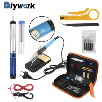 

DIYWORK Soldering Tips Desoldering Pump Tweezers US110V EU 220V 60W Electric Soldering Iron Kit with Tool Bag