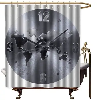 

Clock Extra Wide Shower Curtain A Silver Clock Pattern with a World Map Checking The Time Hour and Minute Hand Print Fabric