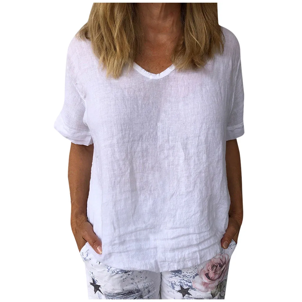Blusa holgada informal de algodón con manga corta para verano, camisa de lino y algodón de talla grande para mujer, cuello redondo
