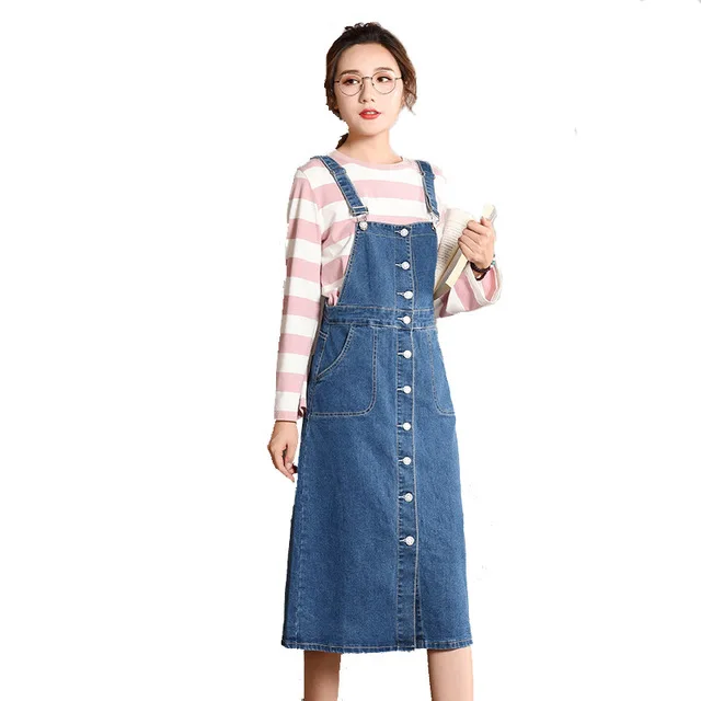 Korean Casual Suspender Denim Long Skirts Womens A Line Maxi Strap