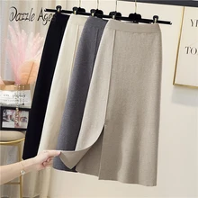 

Dazzle Ages Autumn Winter Women Korean Fashion Knit Midi Long Skirt High Waist Sexy Warm Office Elegant Split Casual Slim Female