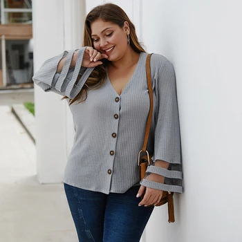 

Spring fashion women's solid color mesh yarn sweater V-neck long flared sleeve cardigan plus size 1XL-4XL casual wild clothing