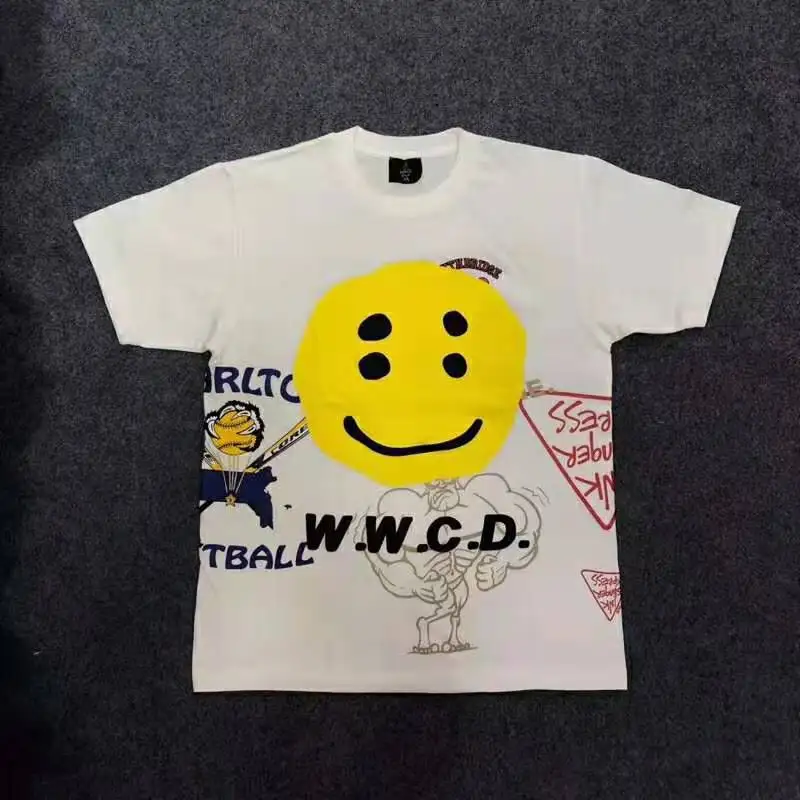 KANYE CPFM. XYZ w. W. C. D. Футболка с коротким рукавом и принтом смайлика из мультфильма граффити для мужчин и женщин, футболка с круглым вырезом, уличная одежда, пуловер, футболка