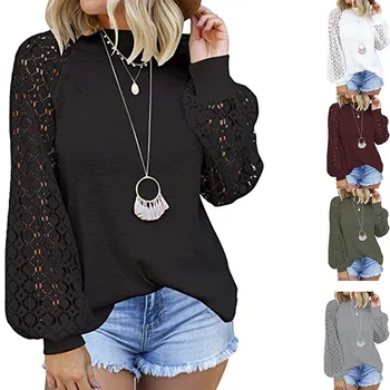 2020 European and American new round neck long sleeve lace stitching loose top women 1