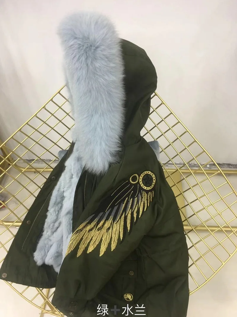 green sky blue fur Детский зимний комбинезон, детская зимняя куртка и пальто для мальчиков и девочек, парки из натурального меха кролика рекс с натуральным лисьим мехом, верхняя одежда с капюшоном - Цвет: green sky blue fur