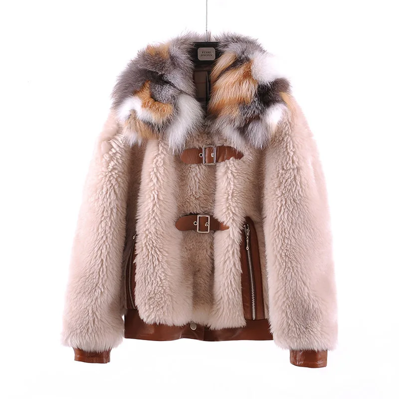 Пальто с воротником из натурального меха лисы Женская шерстяная куртка