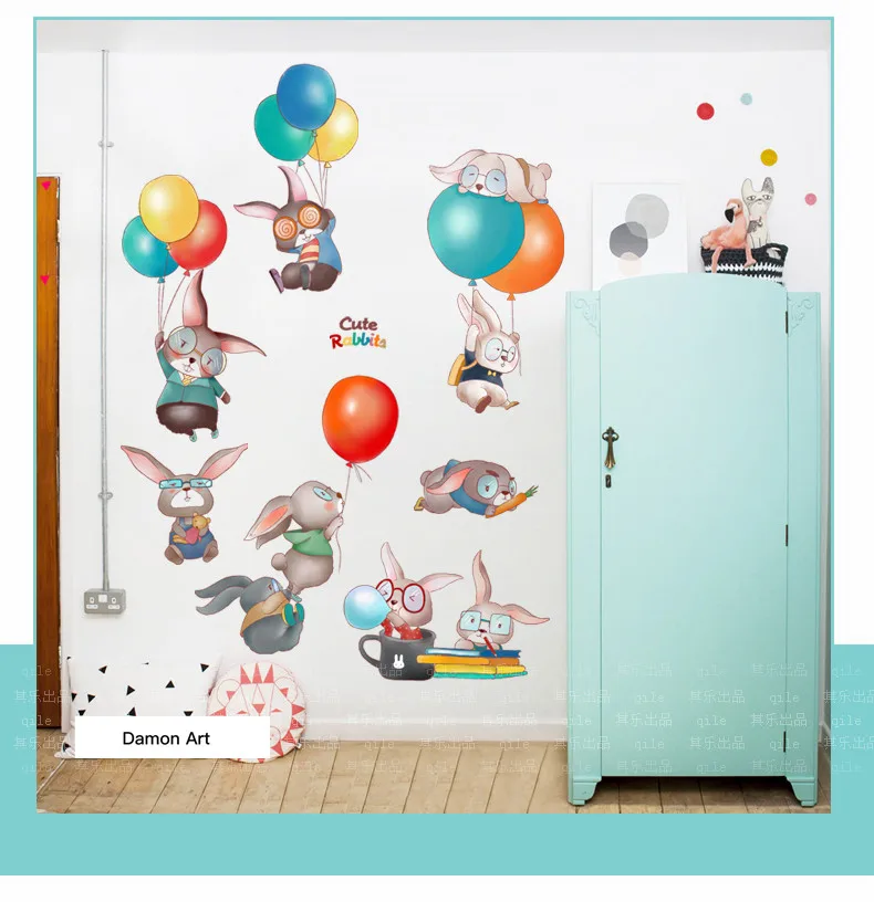 Очень большие красивые наклейки не стену манекен кролик плакат с воздушным шаром Животное украшение детской комнаты детский сад Декоративные Настенные обои