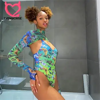

Evenworse Sexy Women Bodysuit Long Sleeve Deep V-Neck Bodycon Stretch Leotard Crop Tops 2020 Summer Women Long Sleeve Tops New