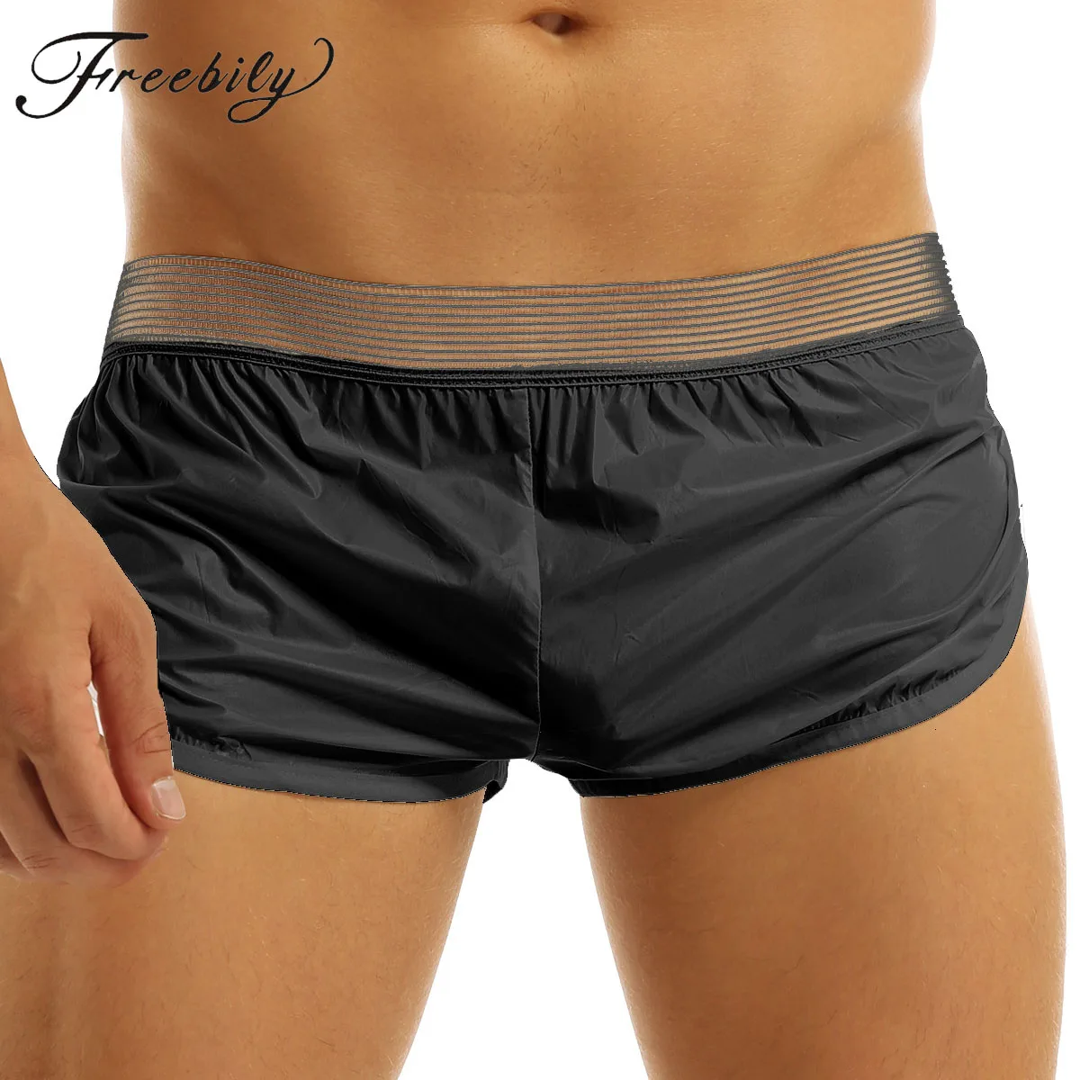 Mens Wet Look Boxer Shorts Sexy PVC Swimwear Waterproof Trunk  Lounge Swimwear  Sports Short