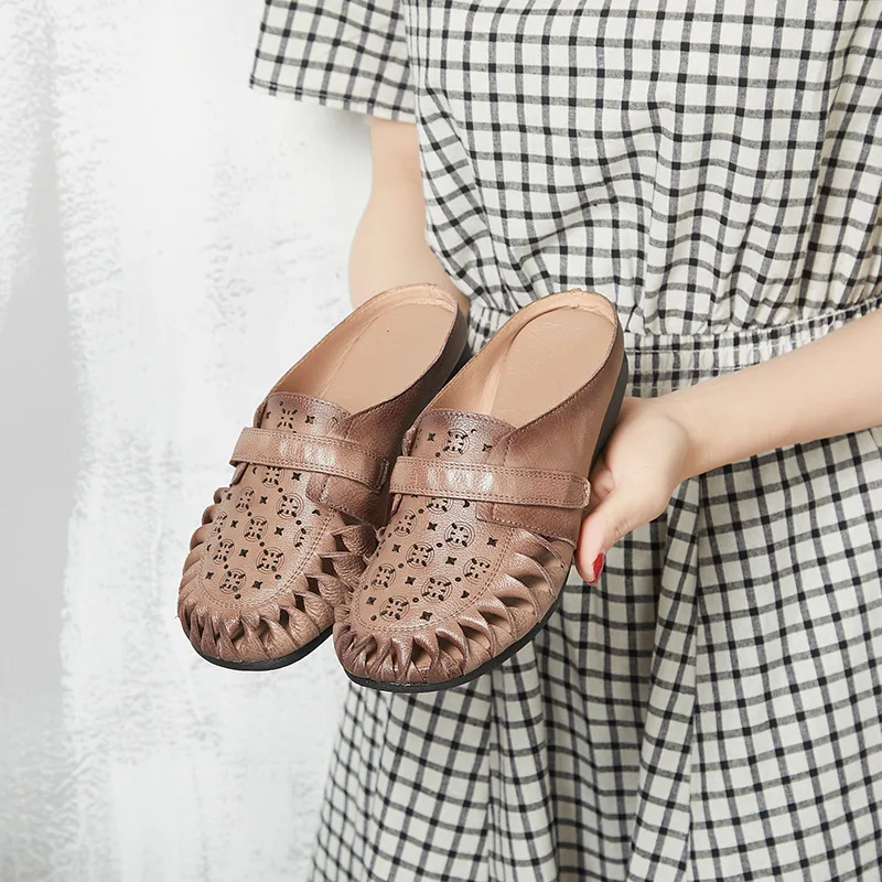 

2019 Summer New Style Sandals Genuine Leather Cattlehide WOMEN'S Slippers Closed-toe Hollow out Sandals Flower Low Heel WOMEN'S