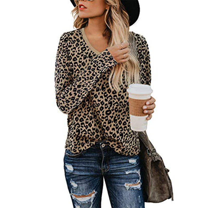 Women's Casual Tops Leopard Print Shirts Basic with Crewneck Long Sleeve Soft Stretchy Blouse | Женская одежда