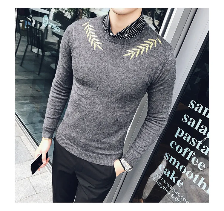 Embroidery Male Sweaters For Men Camisolas Homens Black White Grey Brown Stylish Slim Fit Elegant Sweater Hombre Kazak Erkek