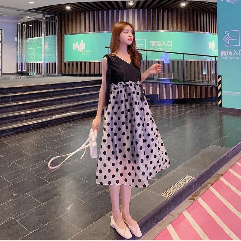

Dress Summer 2019 Online Celebrity New Style Korean-style V-neck Mid-length Immortal Gauze Joint Polka Dot Dress Children F7462