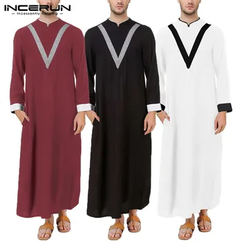 

INCERUN Men Jubba Thobe Islamic Arab Kaftan Long Sleeve Patchwork Elegant Muslim Clothes Fashion Stand Collar Middle East Robes