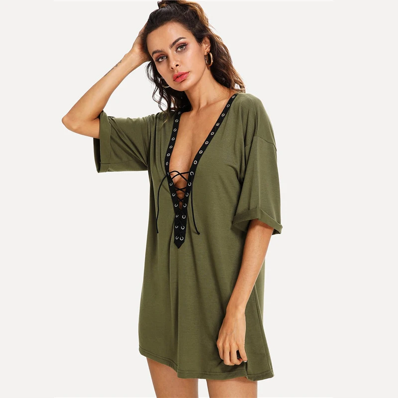 COLROVIE Army Green Lace Up Plunging Dress Women Half Sleeve Solid Sexy Mini Dress Summer Ladies A Line Casual Dresses