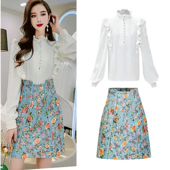 

Women Long Lantern Sleeve Ruffles Blouses Tops And Vintage Floral Printed A-Line Skirts Clothing Set Spring 2PCS Suit NS298