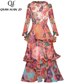 

Qian Han Zi designer fashion vintage dress Women's Long Sleeve pattern Printed Slim Cascading Ruffle Mid-Calf Dress