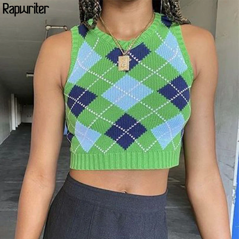 

Preppy Style Argyle Plaid Knitted Cute Women's Sweater Vest Female Y2K Streetwear V Neck Knitwear Sweet Tank Top 2020 Rapwriter