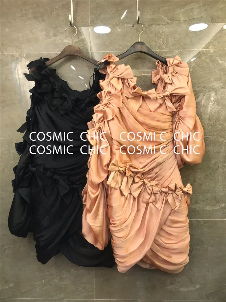 Cosmicchic элегантные сексуальные нестандартные платья с бантом и открытыми плечами, мини платья для вечеринок, косой воротник, фонарь, длинный рукав, облегающее розовое платье