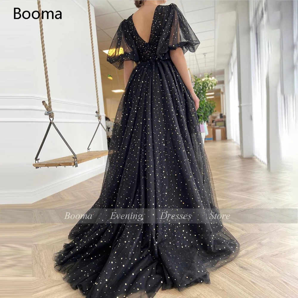Booma Black Starry Tulle Prom Dresses Sparkly V-Neck Half Puff Sleeves Ruched Wedding Party Dresses Slits Long A-Line Prom Gowns