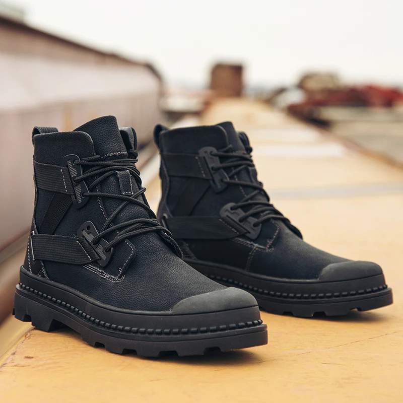 

Vast Wave Cow Suede Leather Mens Soldier Ankle Boot With Buckle Men's Military boot Male Shoes Safety Work Boots Army Boot