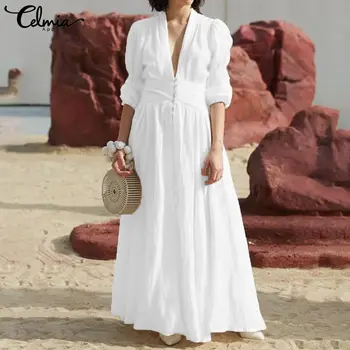 

Celmia Women Elegant Long Dress 2020 New Pleated White Maxi Dress Casual Button V Neck High Waist Split Party Vestidos Plus Size