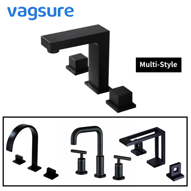 

Multiple Shape Deck Mounted Basin Faucet Ceramic Plate Spool Dual Handle Basin Sink Faucet Bathroom Black Basin Mixer Tap