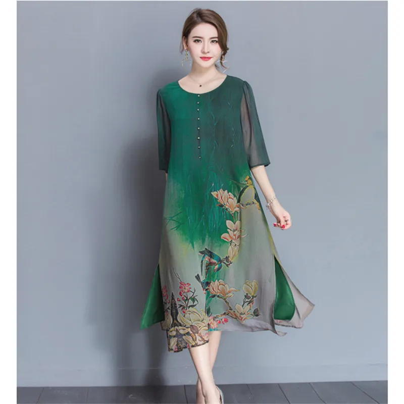 2018 Летнее шелковое платье высокого качества в китайском стиле женская модная