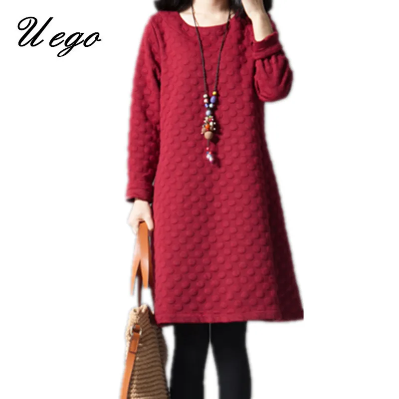 

Uego 2019 New Arrival Padding Cotton Thicken Warn Autumn Winter Dress Dot Knitting Vintage Dress Plus Size Women Casual Dress