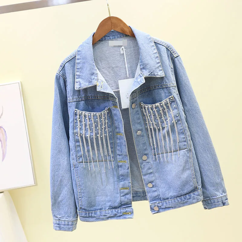 

Spring Autumn New Korean Diamond Sequins Fringed Loose Denim Jacket Short Coat Female BF Student Jeans Shirts Lapel Coats Tops