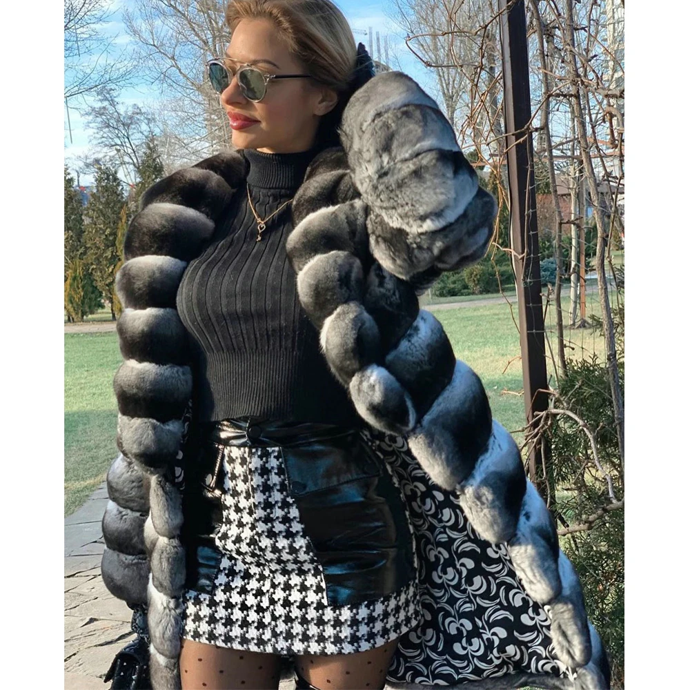 Natural Women Rex Rabbit Fur Coat Winter 2022 New Full Pelt Genuine Rex Rabbit Fur Coats with Turn-down Collar Trendy Overcoats