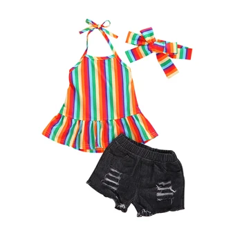 

1-5Y Summer Fashion Toddlers Kids Baby Girls Green Rainbow Print Sleeveless Top+Denim Shorts 3pcs Children Clothing Outfits