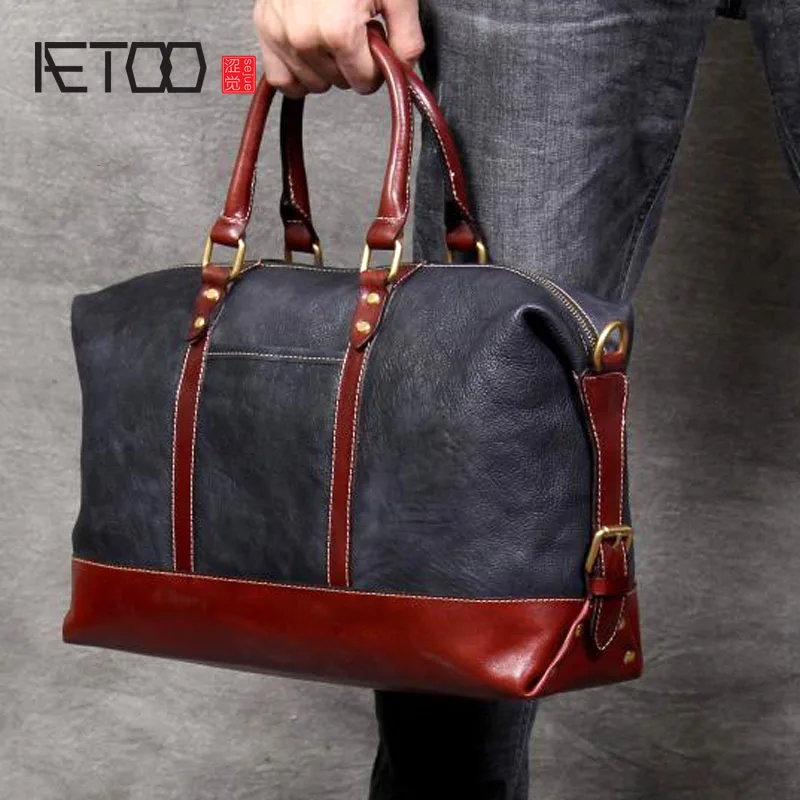 

BJYL Simple first layer leather short-distance travel bag men's handmade original retro tanned leather hand luggage bag leather