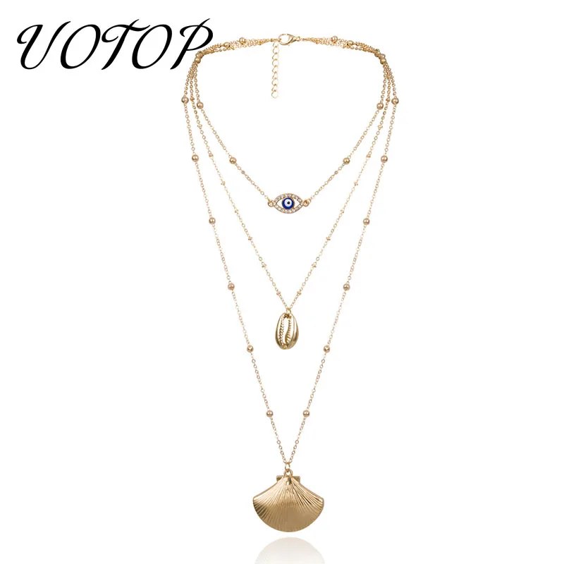 

UOTOP 2019 New Gold Color Rhinestone Crystal Turkish Evil Eye Necklace Female Multi Layered Gold Shell Necklaces Boho Jewelry