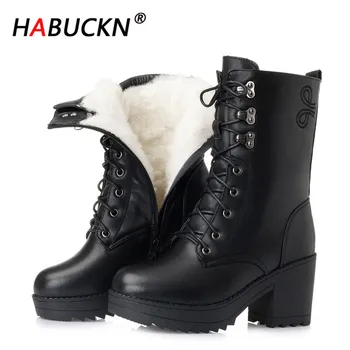 

HABUCKN Wool Women Winter Snow Boot Warm Genuine Leather Fur Warm Plush Shoes High Heel Boots Platform for Women boots