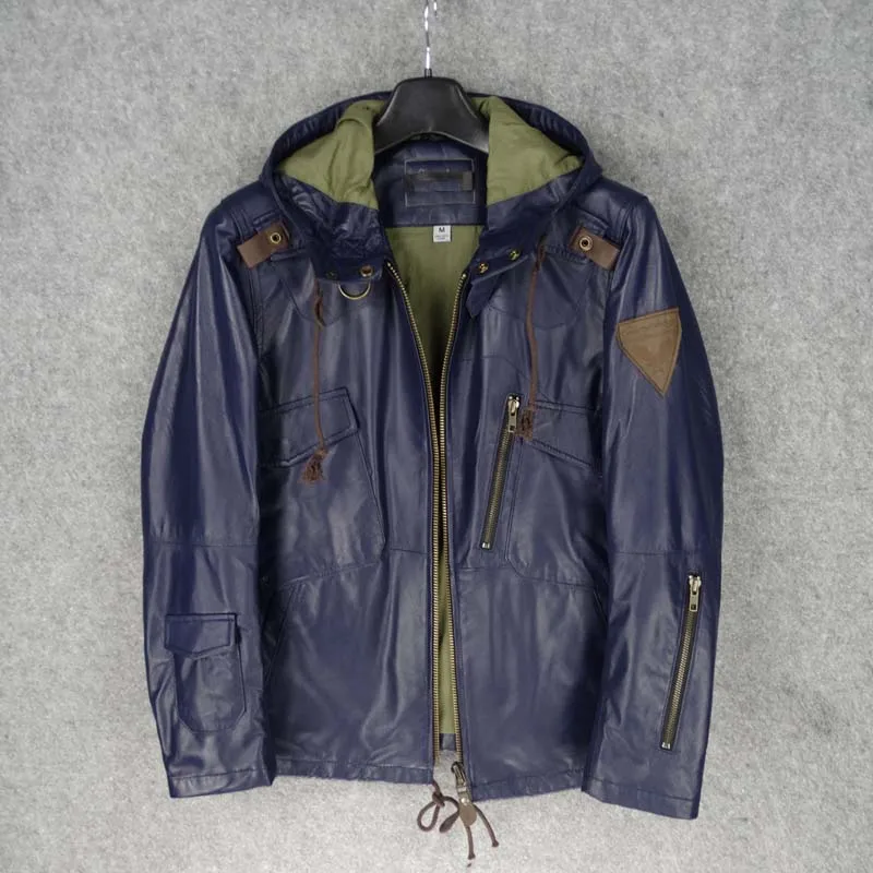 

new arrival 2019 men's natural leather coat genuine real sheepskin jacket with a hood blue spring autumn fall male cloth 4xl 5xl