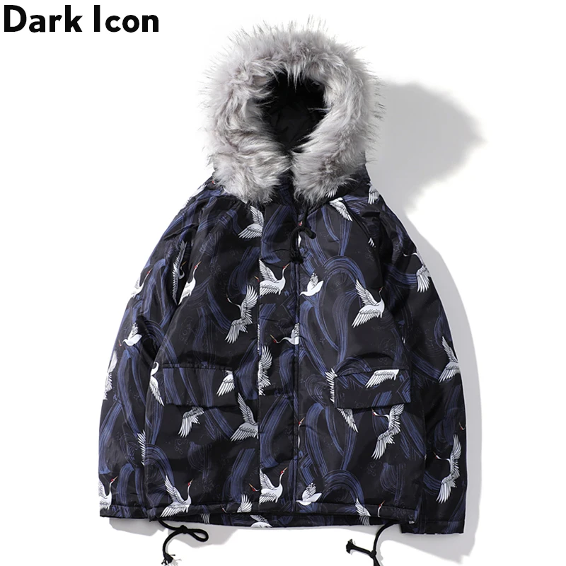 Темная икона пальто с хлопковой подкладкой для мужчин зимние толстые теплые парки с меховым капюшоном уличные модные куртки для мужчин