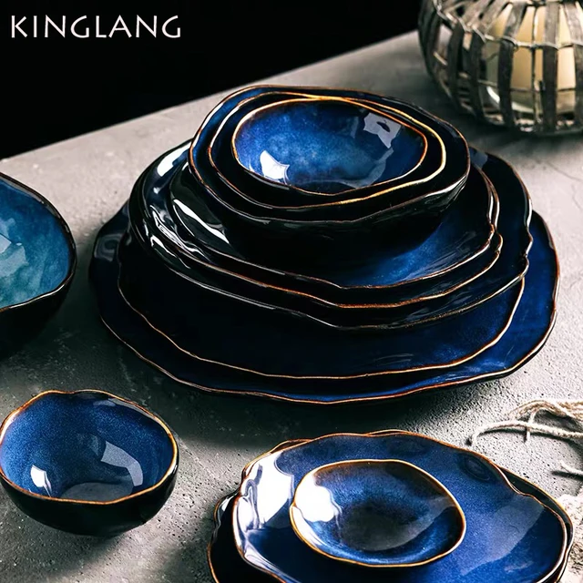 KINGLANG 1/2/4 Person Tableware Set Blue Color Ceramics Irregular Shape Dinner Set Dishes Plate 1