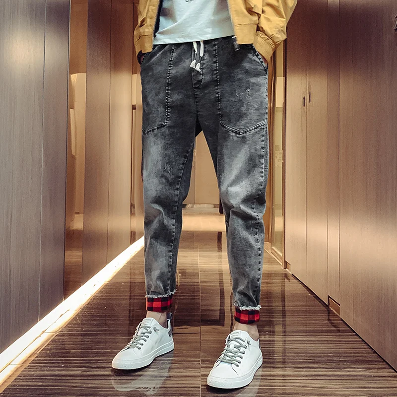 

Autumn New Jeans Men Slim Fashion Washed Retro Casual Drawstring Denim Trousers Man Streetwear Hip Hop Small Feet Jean Pants Men