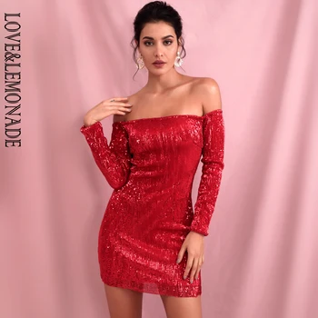 

LOVE&LEMONADE Sexy Red Drop Shoulder Bodycon Elastic Sequins Party Mini Dress LM80703